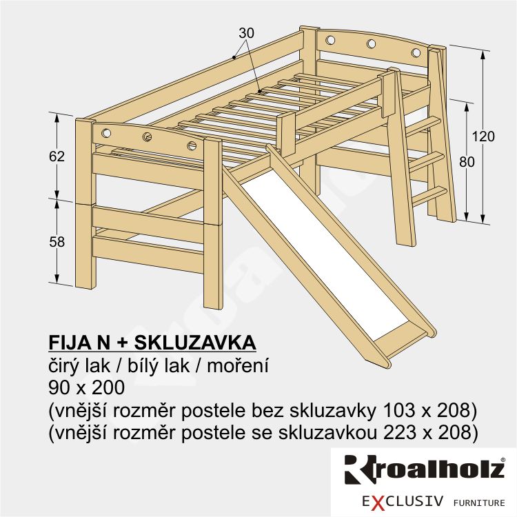 dětská zvýšená postel masiv FIJA N se skluzavkou masiv