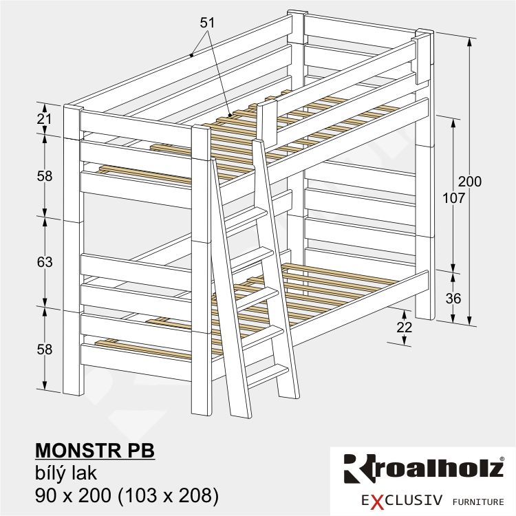 bílá etážová postel z masivu MONSTR PB, bílá palanda