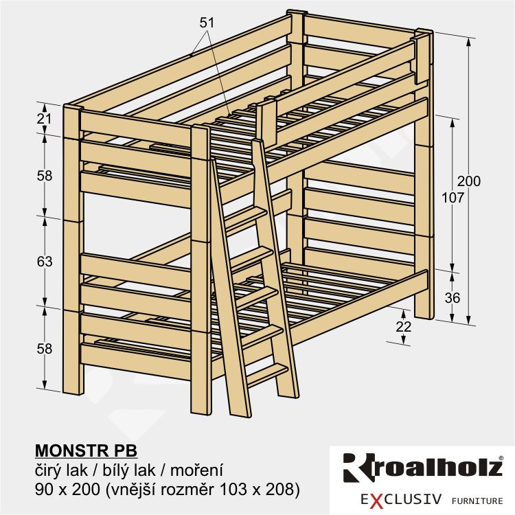 vysoká rozkládací patrová postel z masivu MONSTR PB