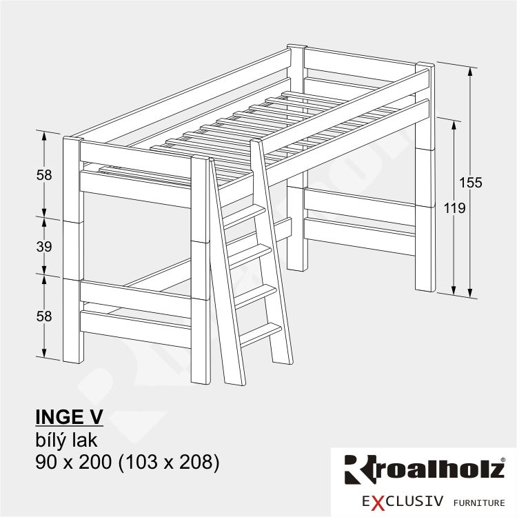 INGE V bílá patrová postel z masivu, bílé horní spaní
