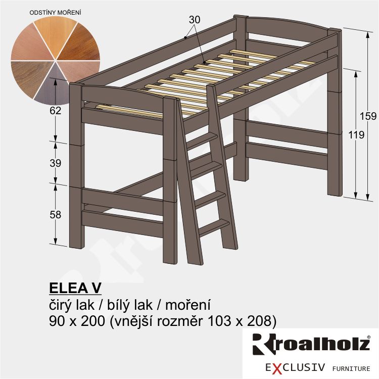barevné horní spaní masiv, vysoké spaní masiv ELEA V