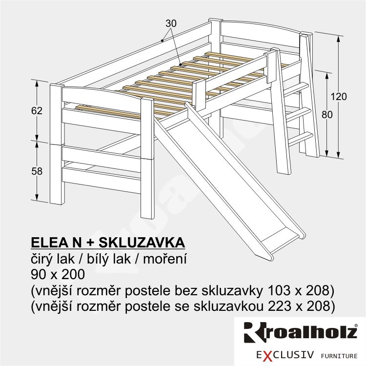 bílá zvýšená postel z masivu ELEA N + bílá SKLUZAVKA
