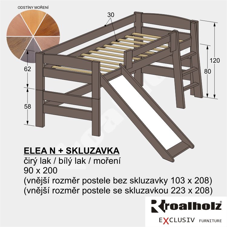 barevná zvýšená postel z masivu ELEA N + skluzavka