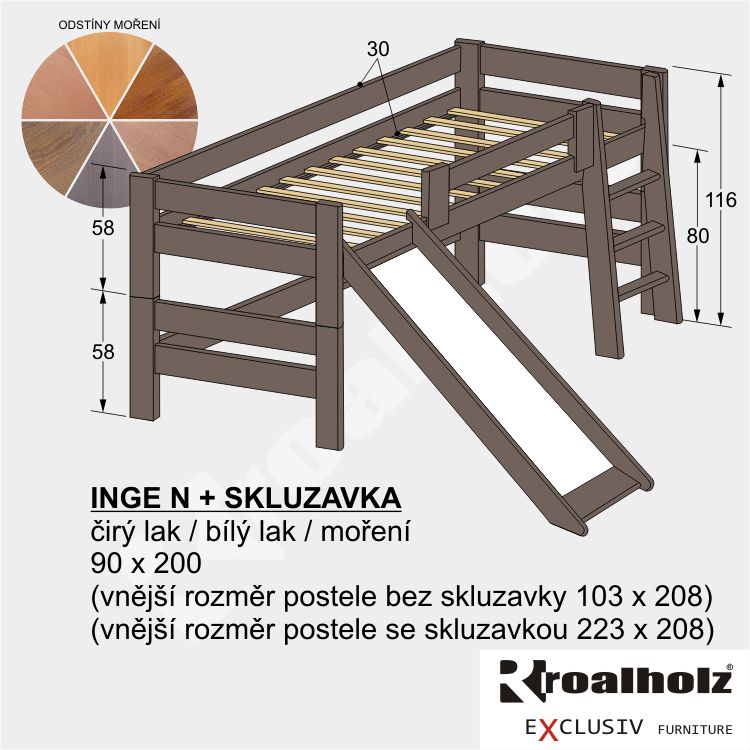barevná zvýšená postel masiv INGE N + skluzavka