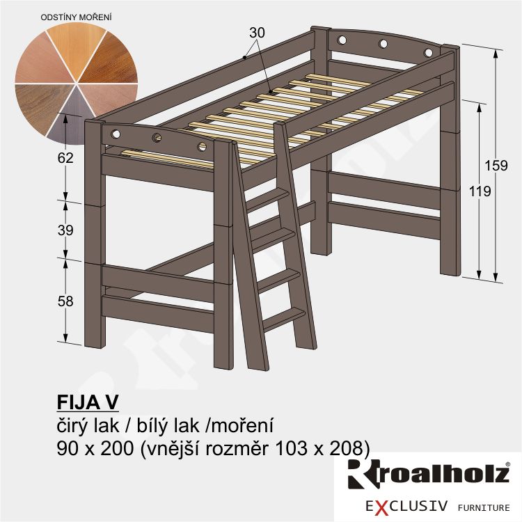 barevné mořené rozkládací horní spaní z masivu FIJA V
