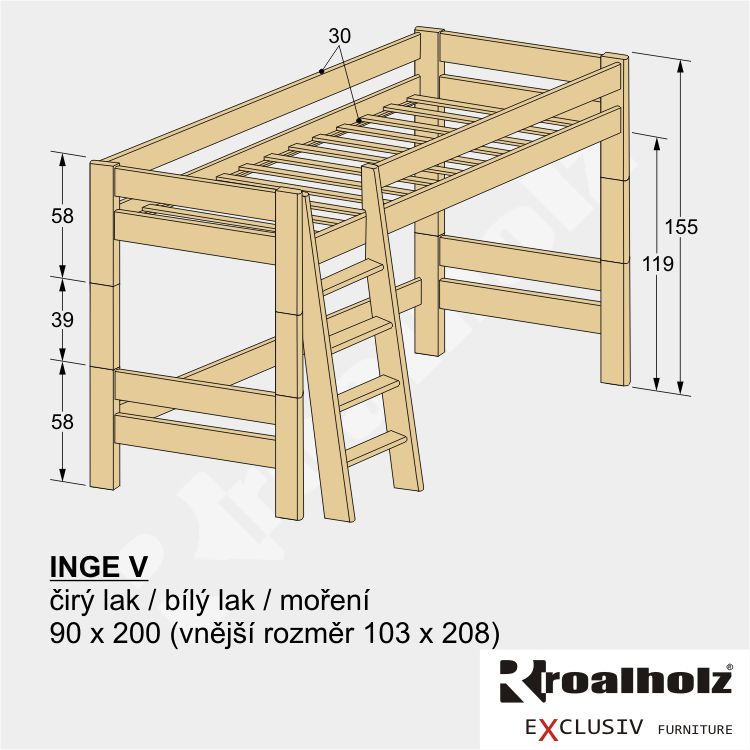 moderní patrová postel horní spaní z masivu INGE V