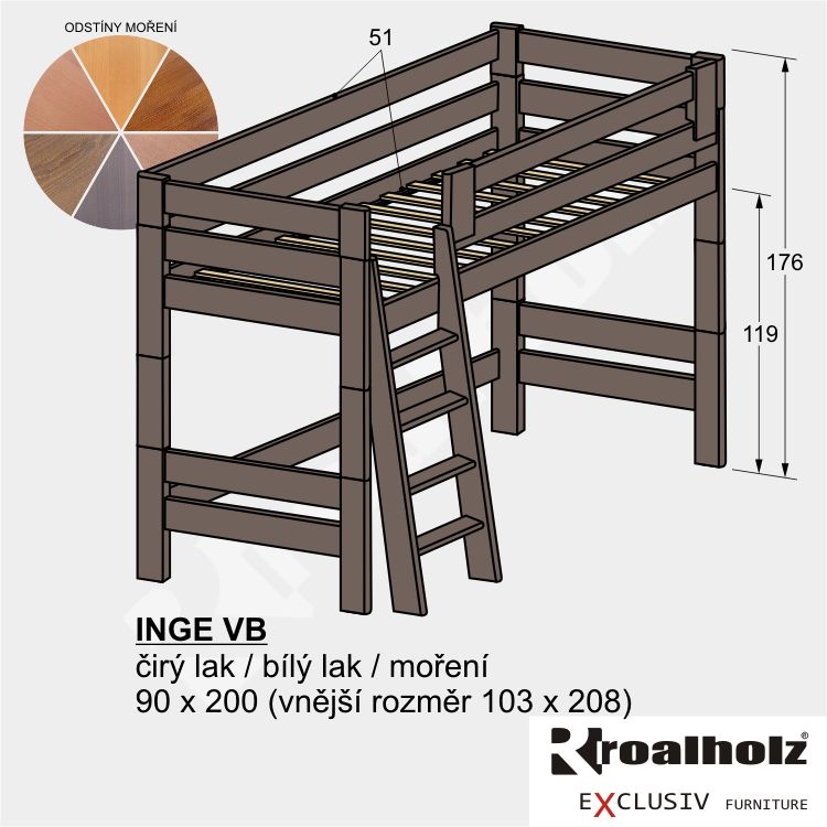 barevná mořená palanda z masivu INGE VB horní spaní