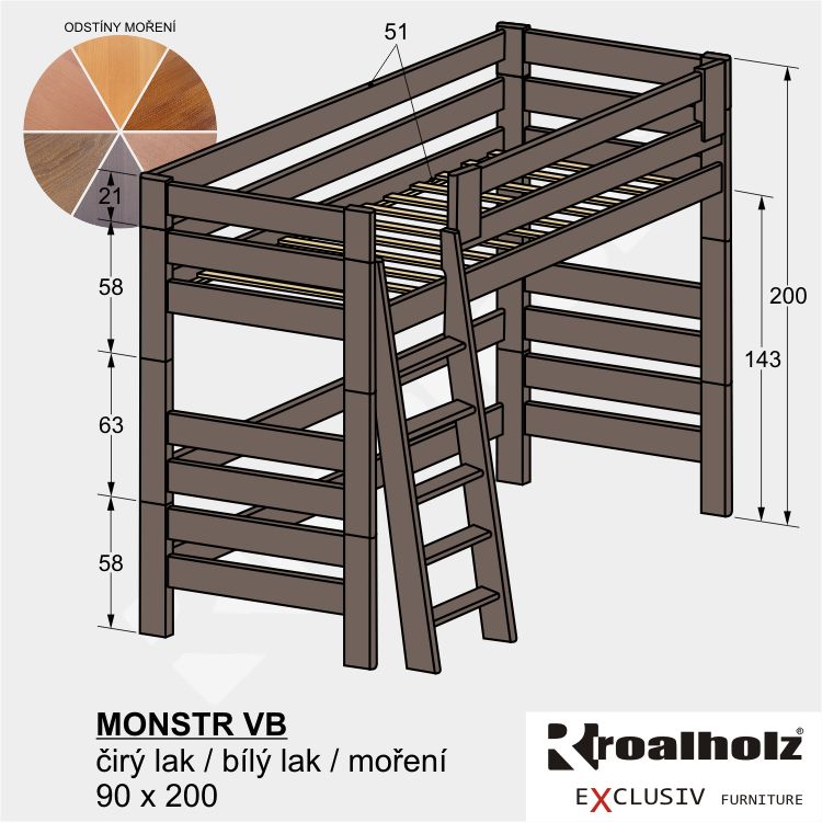 barevná mořená patrová postel z masivu MONSTR VB
