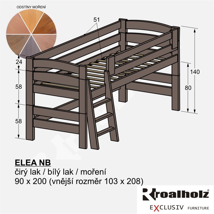 barevné dětské zvýšené jednolůžko masiv ELEA NB