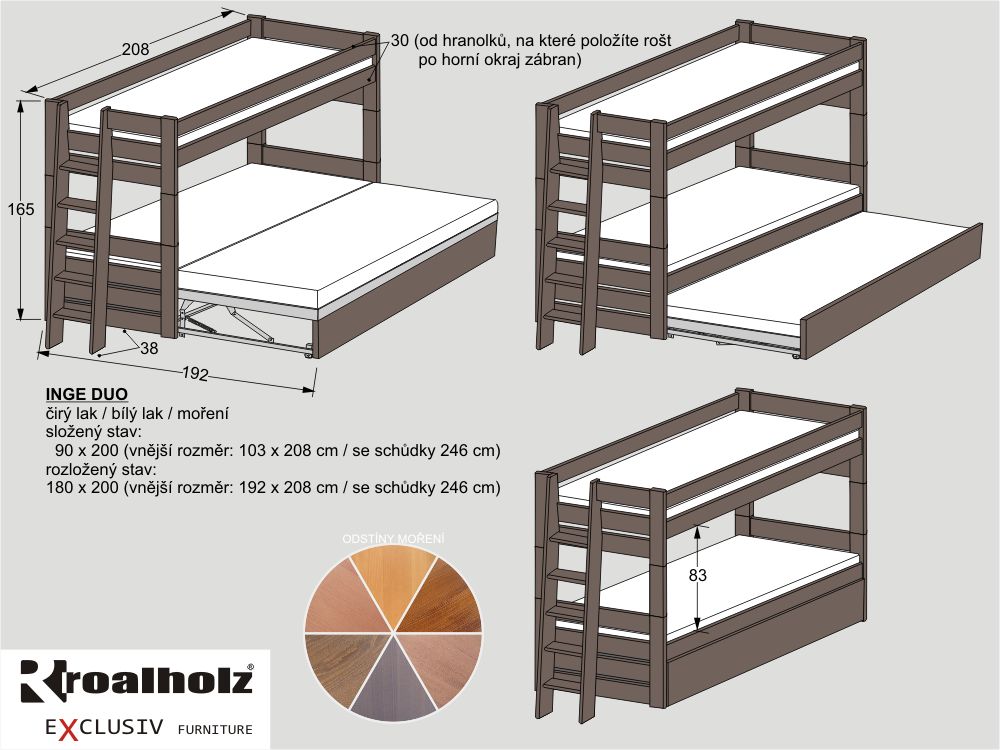 mořená palanda masiv s výsuvným lůžkem INGE DUO