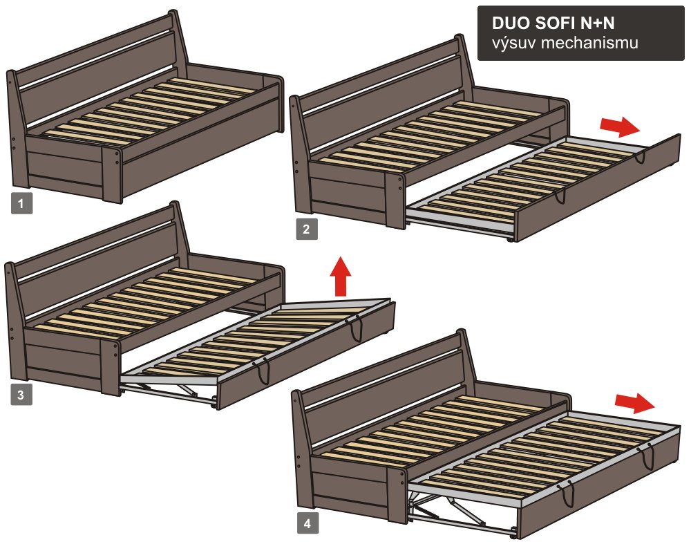 mořená rozkládací postel masiv DUO SOFI N+N