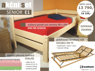 akční set SENIOR E1 - zvýšená postel se zábranou + rošt + matrace