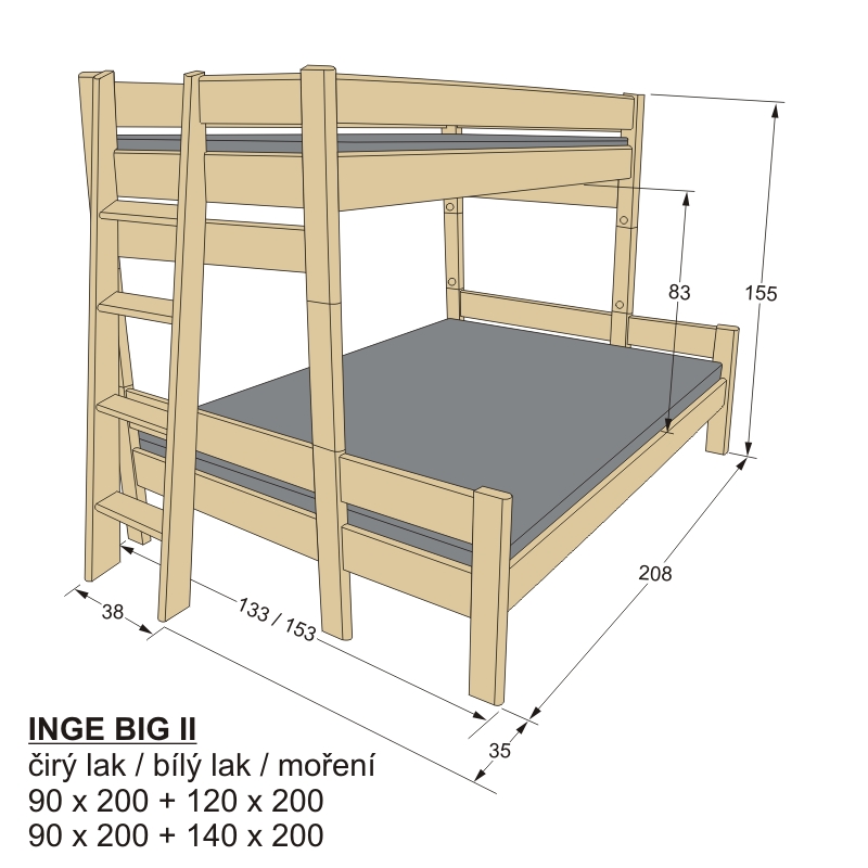 patrová postel s rozšířeným spodním lůžkem INGE BIG II