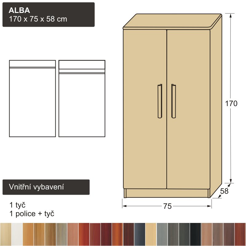 dřevěná šatní skříň z masivu ALBA 170x75x58