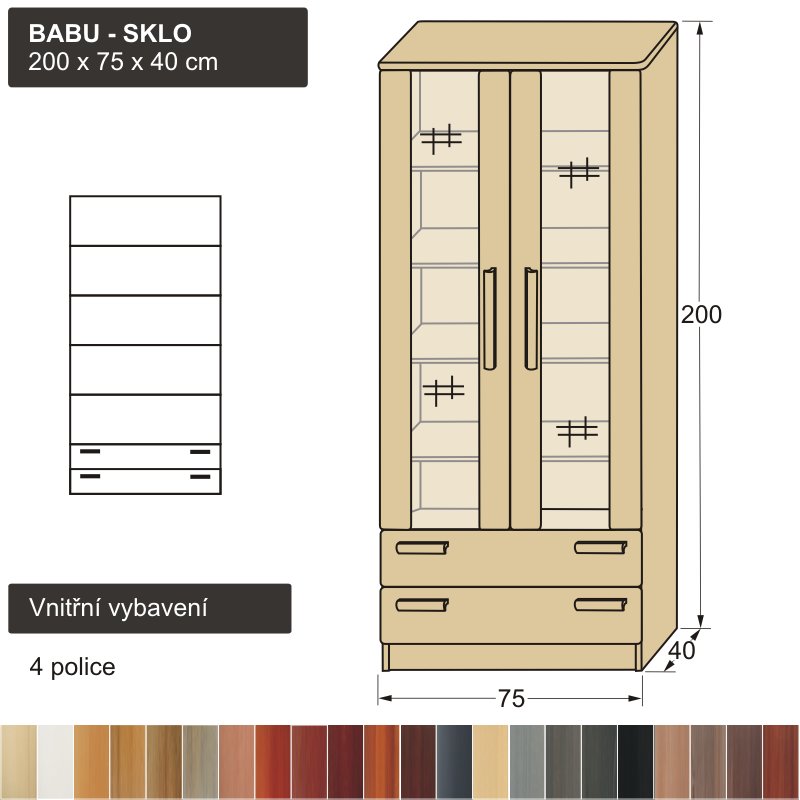 prosklená knihovna masiv BABU SKLO 200x75x40