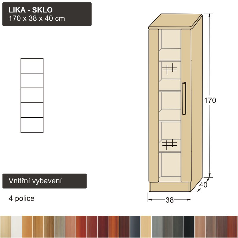 prosklená skříň, vitrína masiv LIKA SKLO 170x38x40 