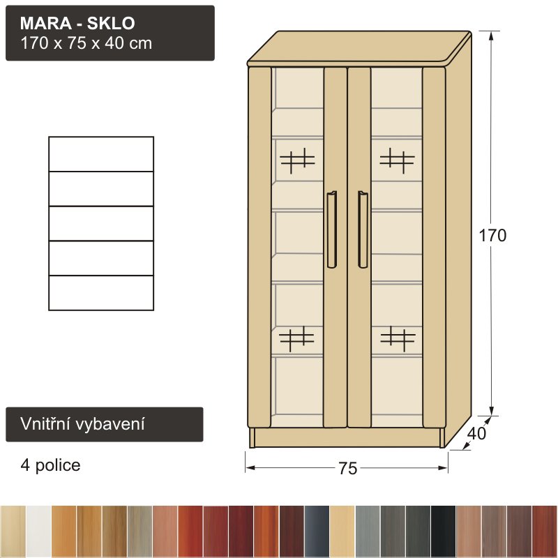 prosklená knihovna masiv MARA SKLO 170x75x40