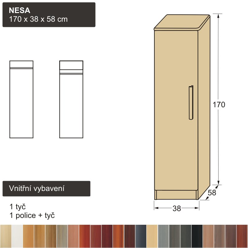 úzká šatní skříň z masivu NESA 170x38x58