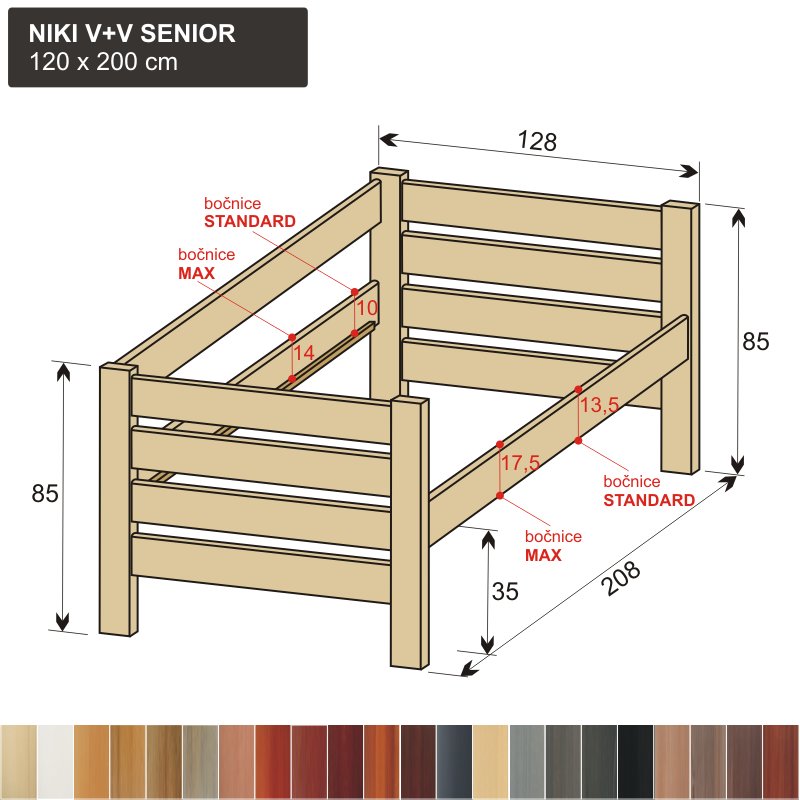 senior postel z masivu se zábranou NIKI V+V SENIOR 120x200