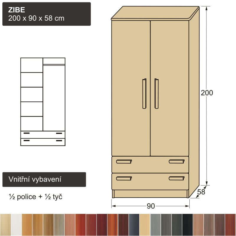 kombinovaná pološatní skříň masiv ZIBE 200x90x58